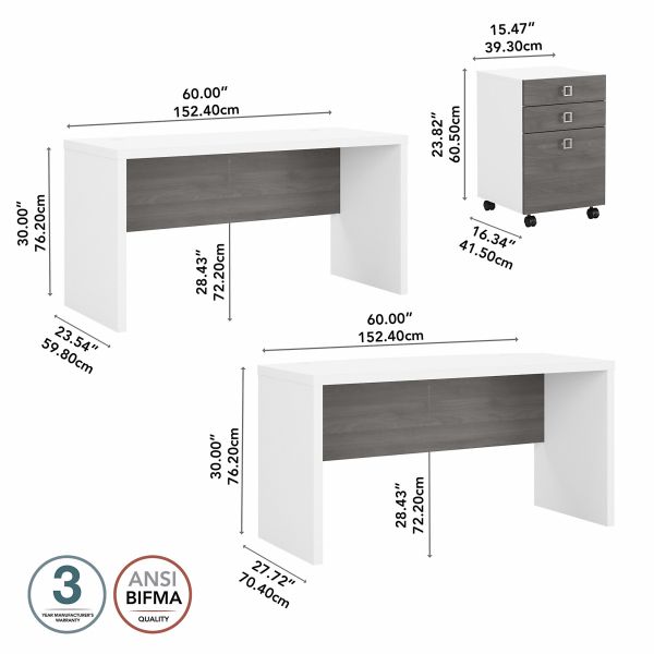 Office by kathy ireland Echo Bow Front Desk and Credenza with Mobile File Cabinet in Pure White and Modern Gray