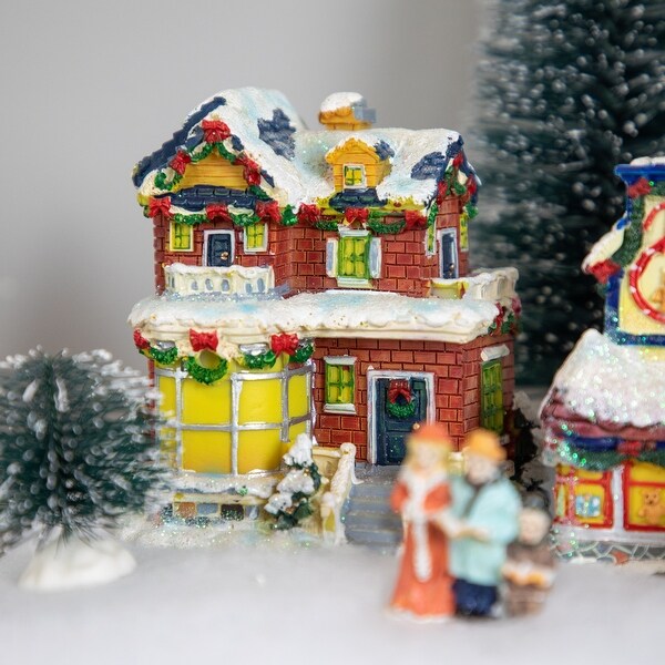 Two Story Snowy House with Garland and Wreaths Christmas Village Decoration