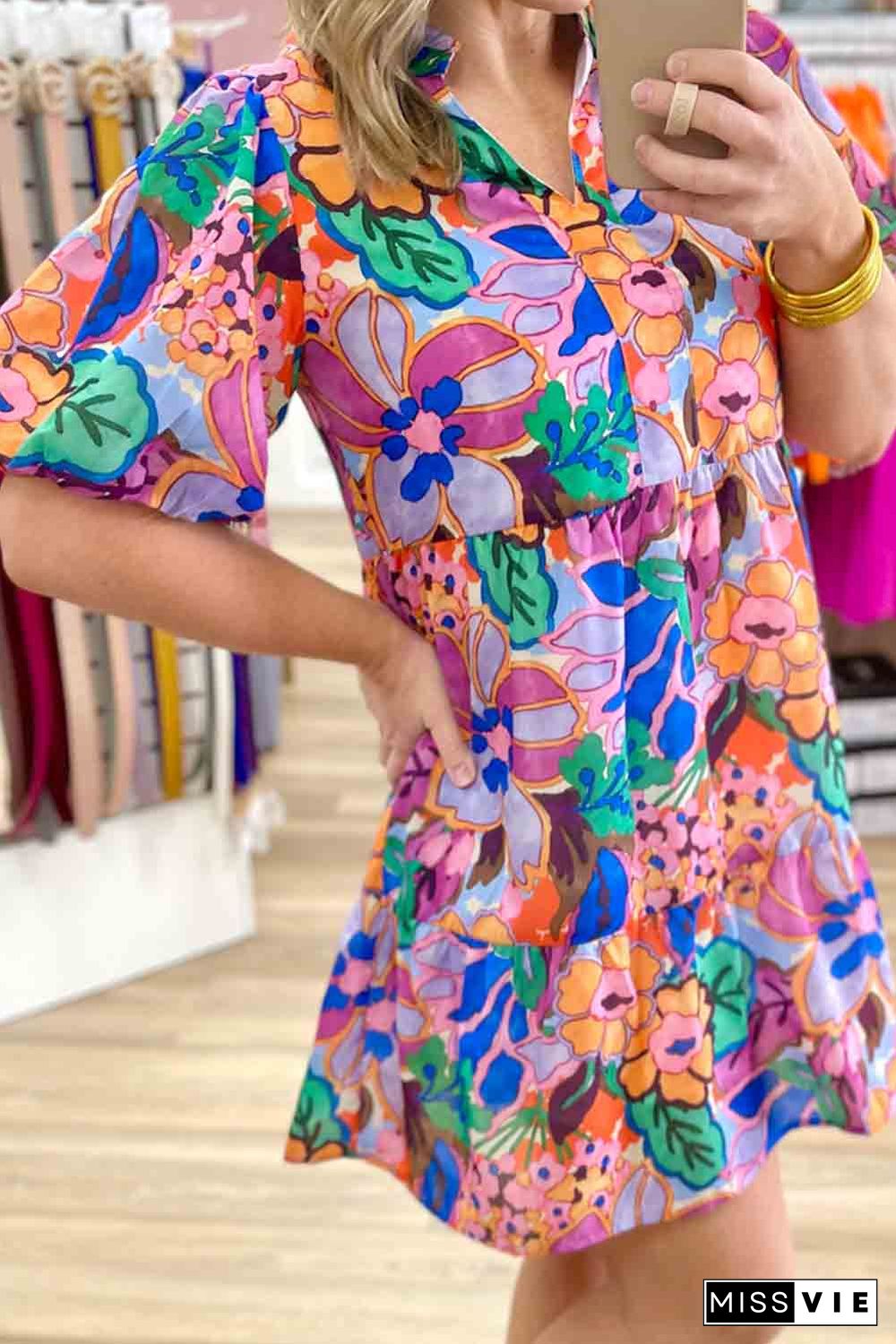 Multicolor Floral Print V Neck Puff Sleeve Mini Dress