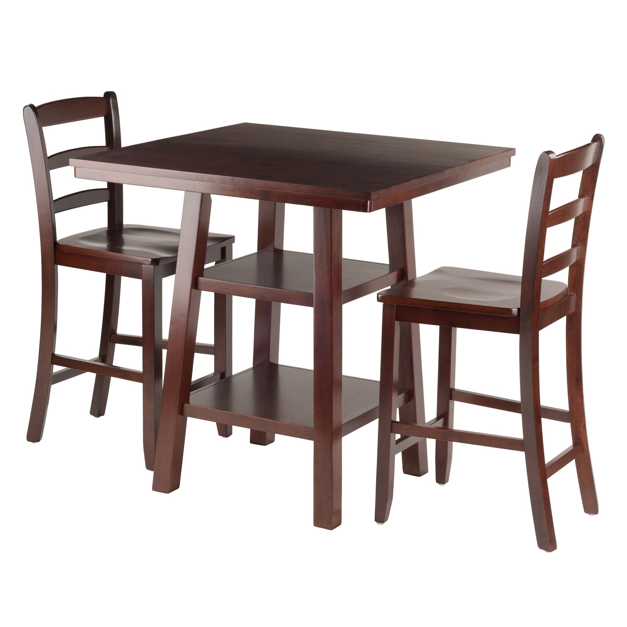 Wood Orlando 3-Pc Set， High Table with 2 Shelves and 2 Ladder Back Stools， Walnut Finish