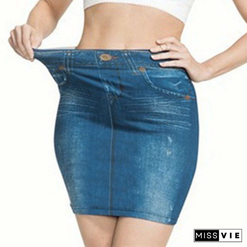 Women Fashion Print Seamless Skirt Faux Denim Jean Skirts Short Slim High Waist Elastic Mini Dress Plus Size Jeans