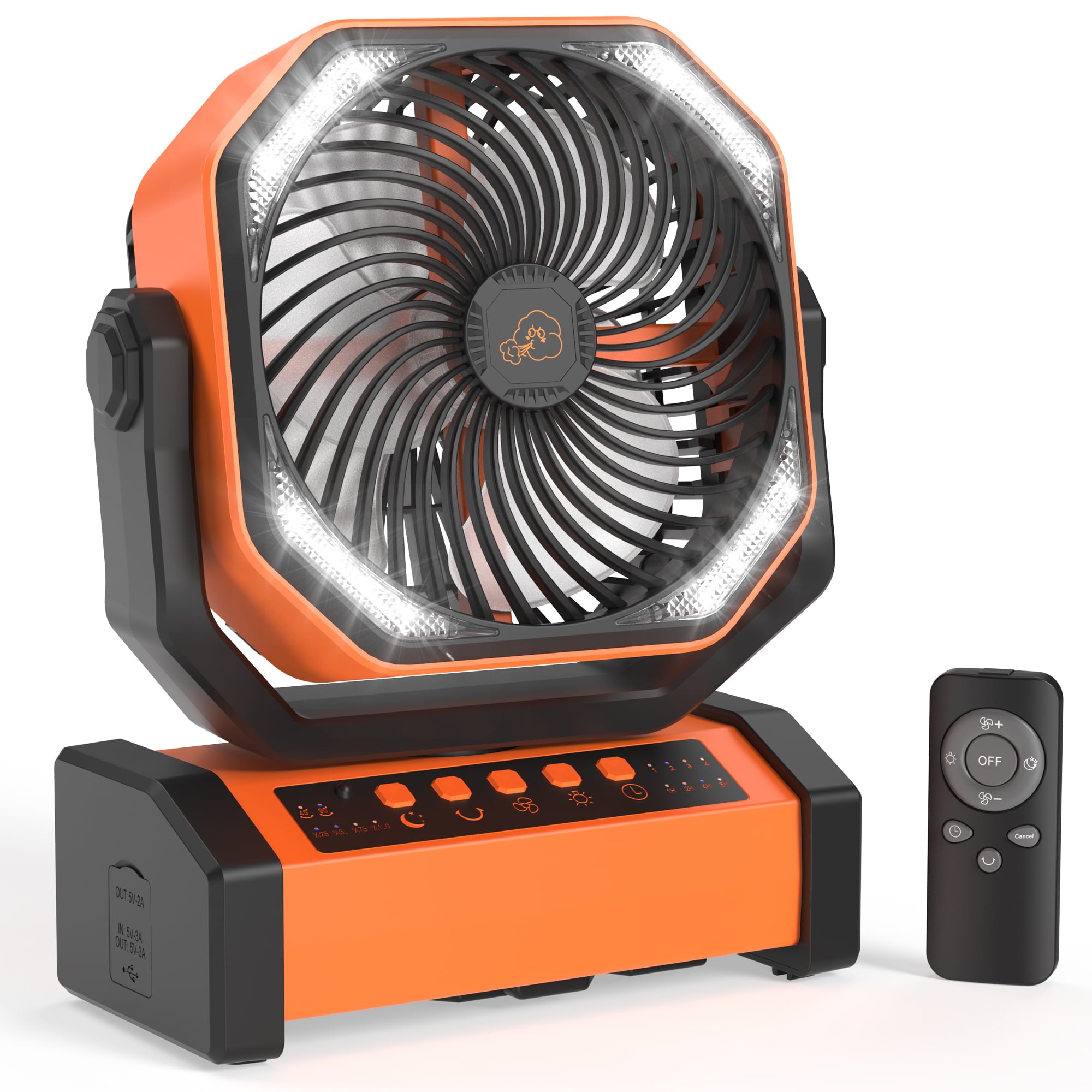 20000mAh Camping Fan with LED Light, Rechargeable Battery Operated Tent Fan, Auto-Oscillating Desk Fan with Remote & Hook, 4 Powerful Speeds 4 Timers USB Fan for Camping Jobsite Hurricane-Orange