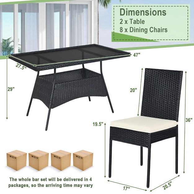 Costway 10pcs Patio Rattan Dining Set Cushioned Chair Table With Glass Top Garden Furniture