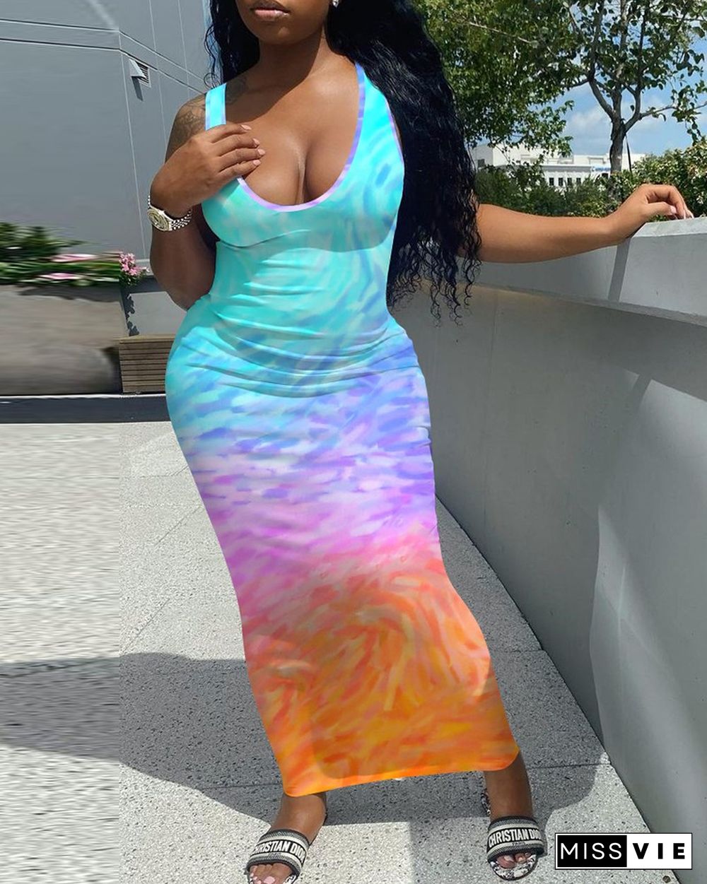 Tie Dye Print U-Neck Sleeveless Maxi Dress