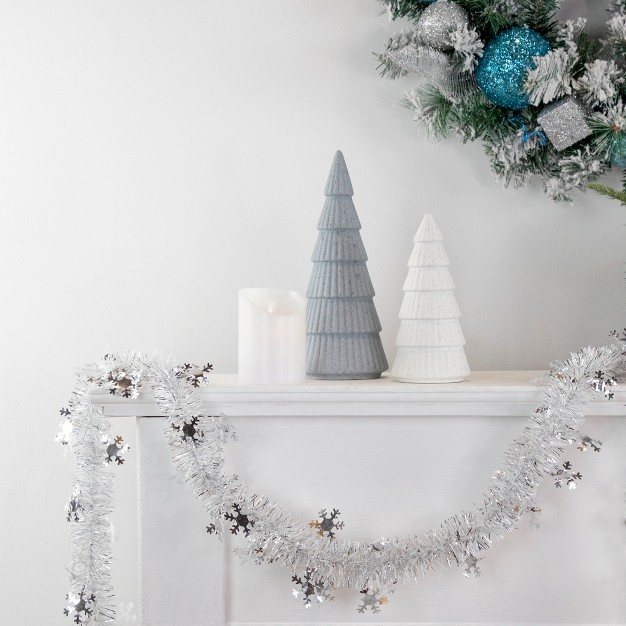 White And Silver Christmas Tinsel Garland With Snowflakes Unlit