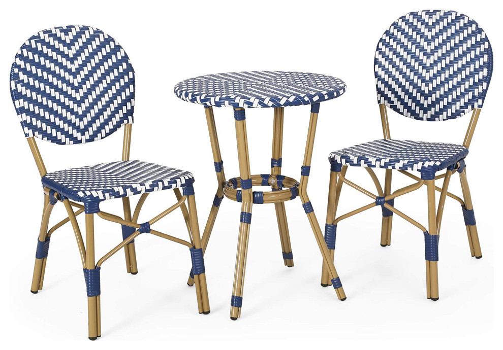 3 Pieces Patio Bistro Set  Bamboo Wood Frame and Woven Navy Blue/White Rattan   Contemporary   Outdoor Pub And Bistro Sets   by Decor Love  Houzz