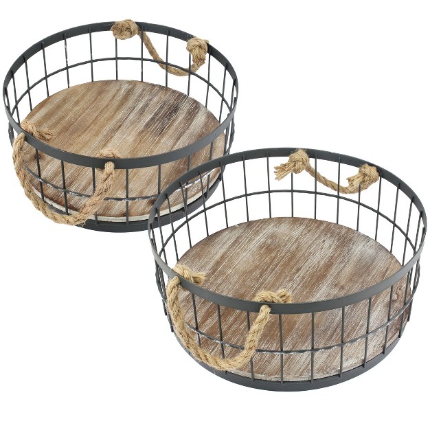 2pc Round Rustic Wood And Metal Basket Set Brown Stonebriar Collection