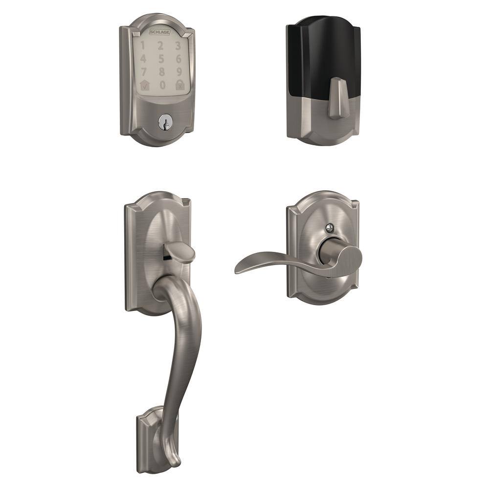 Schlage Camelot Satin Nickel Encode Smart Wi-Fi Deadbolt with Alarm and Camelot Handle Set with Accent Handle with Camelot Trim BE489WBCAM619FE285GCAM619ACCCAM