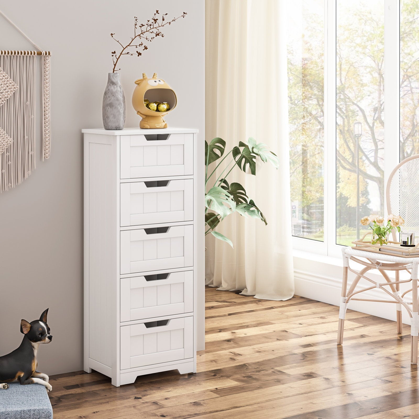 Homfa Bedroom Dresser with 5 Drawers, Wooden Bathroom Linen Cabinet, White Finish