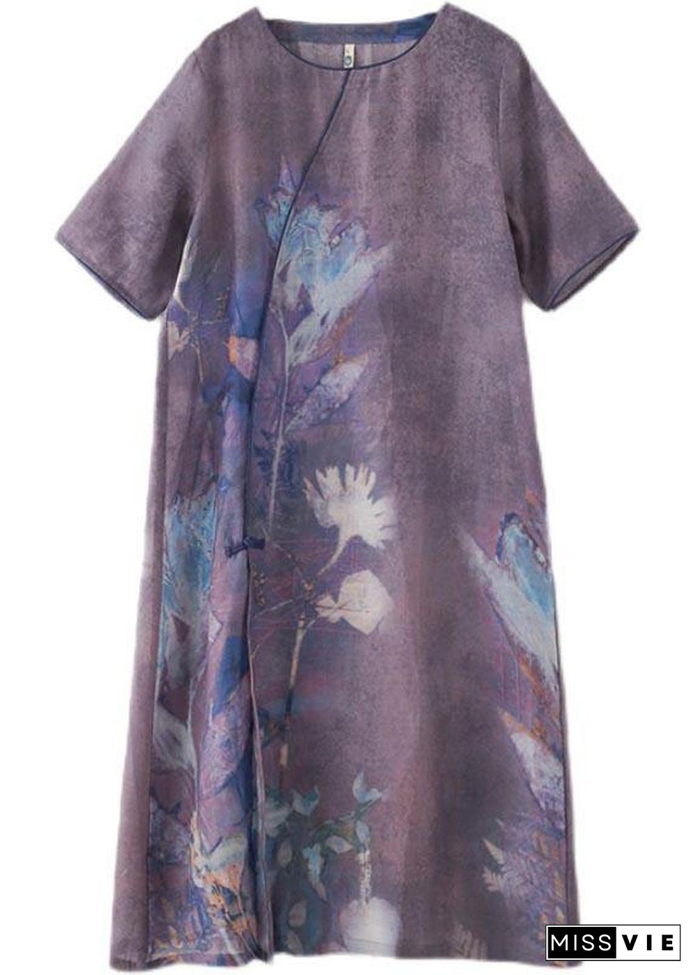 Elegant Purple Print O-Neck Maxi Summer Linen Dress