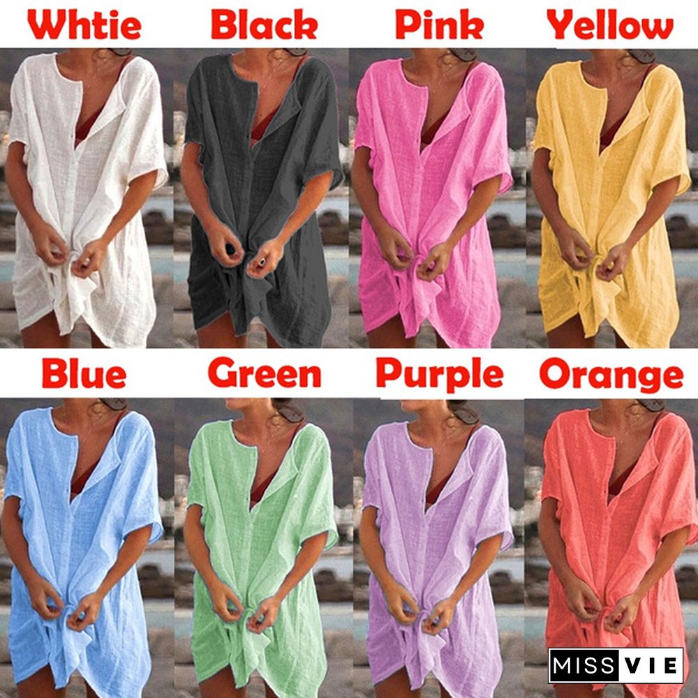 Fashion Summer Clothes Women's Casual Short Sleeve Dresses Beach Wear Robe Femme Swimwear Cover-up Linen Dress Loose Blouses Long T-shirt Deep V-neck Solid Color Swimsuit Cover-ups Dress Mini Party Dress