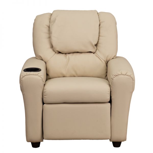 Vana Contemporary Beige Vinyl Kids Recliner with Cup Holder and Headrest