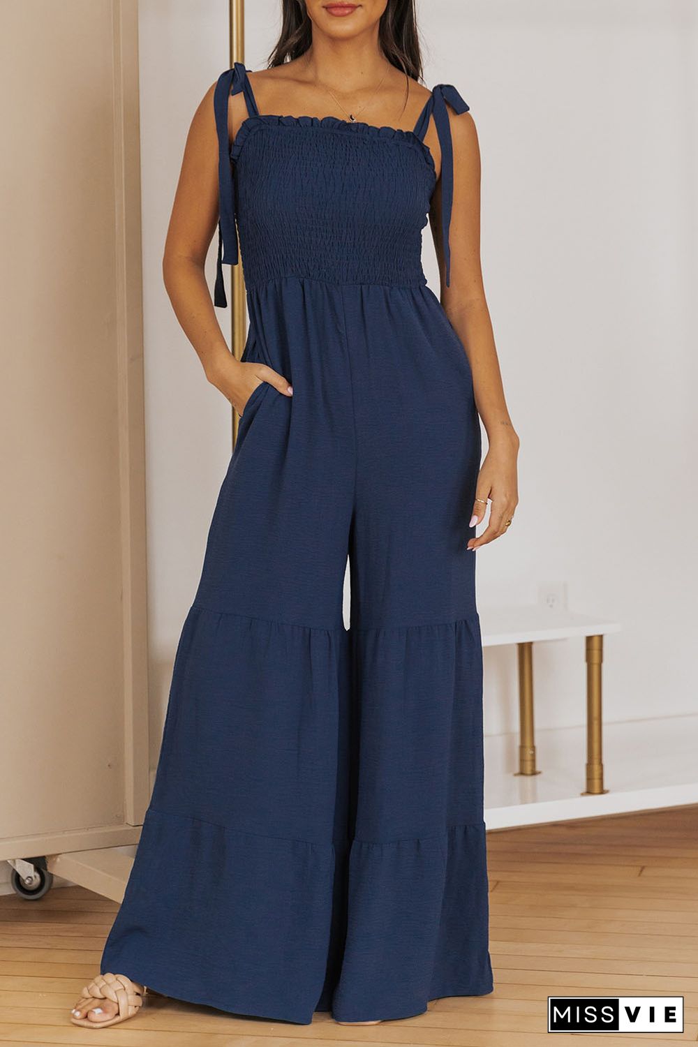 Blue Tie Straps Shirred Bodice Tiered Wide Leg Jumpsuit