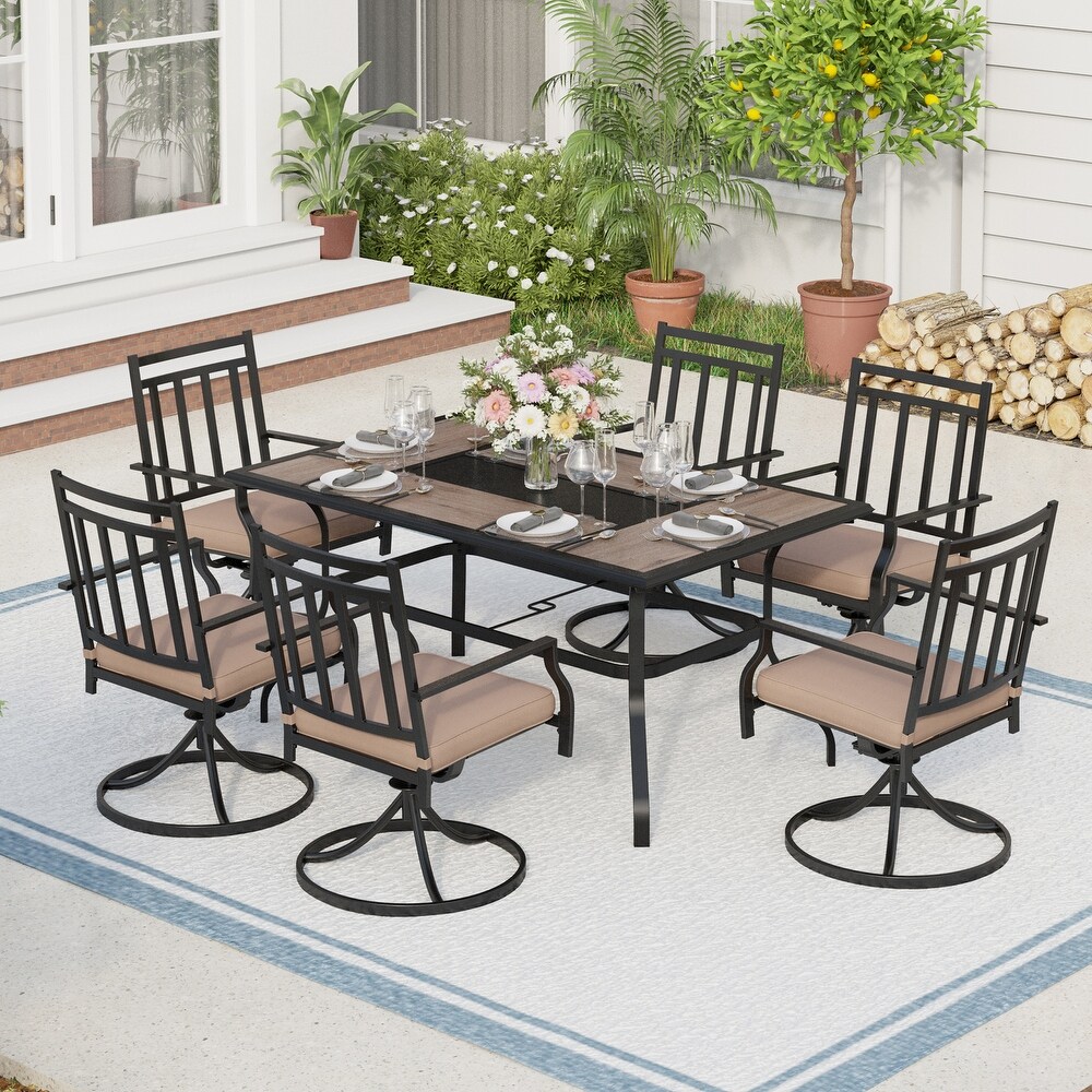 Patio Dining Set of 7 With 1 Rectangle Large Umbrella Table  6 Swivel Chairs Outdoor Dinning Set