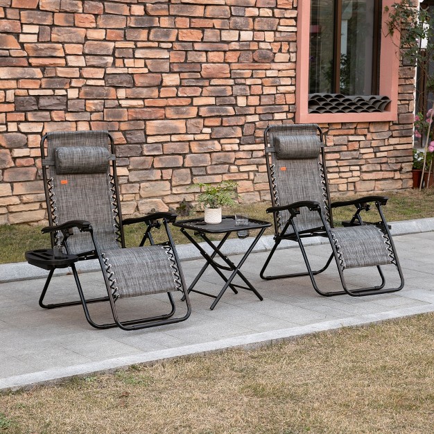 Outsunny Zero Gravity Chaise Lounger Chair 3 piece Set Folding Reclining Patio Chair With Side Table Cup Holder And Headrest For Poolside Or Camping