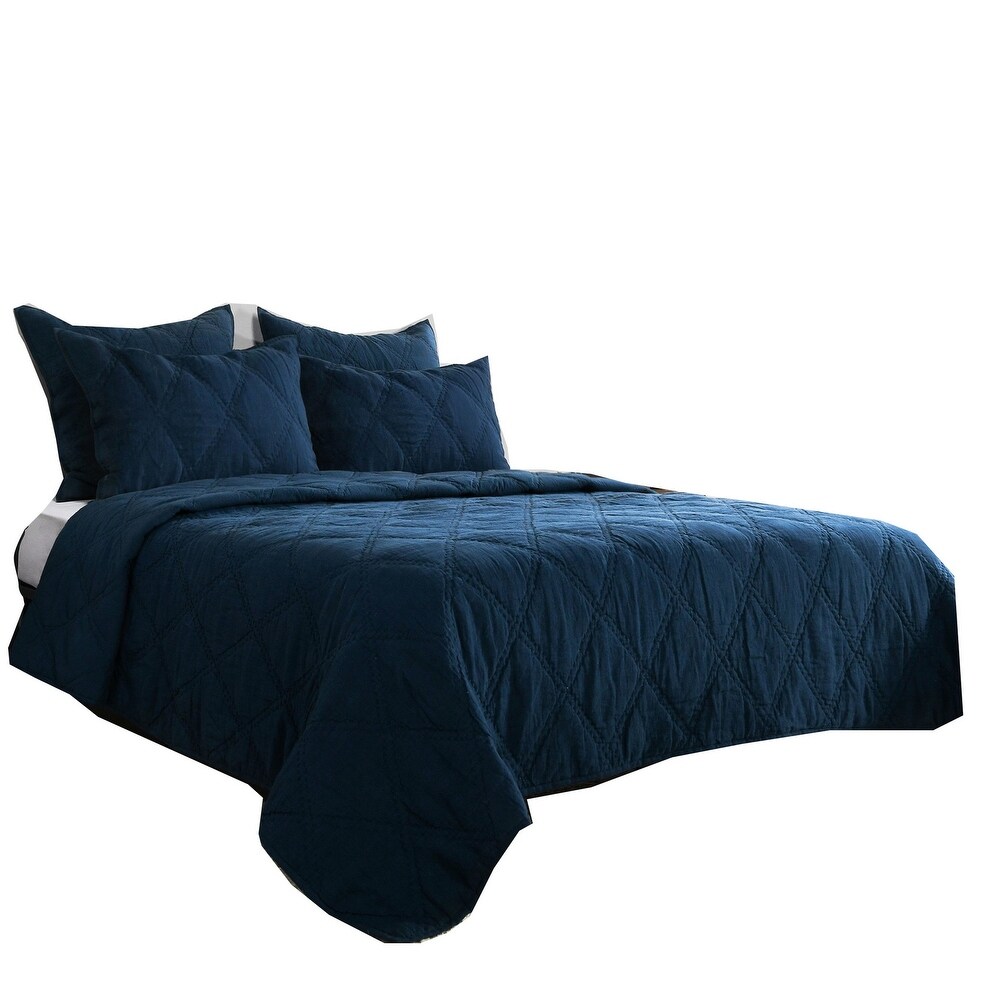 Hara Hand Quilted Flax Linen Quilt  Queen  Polyester Fill  Midnight Blue