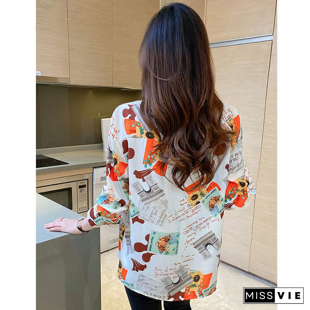 Vintage Floral Letter Print Long Sleeve Chiffon Shirt Workwear