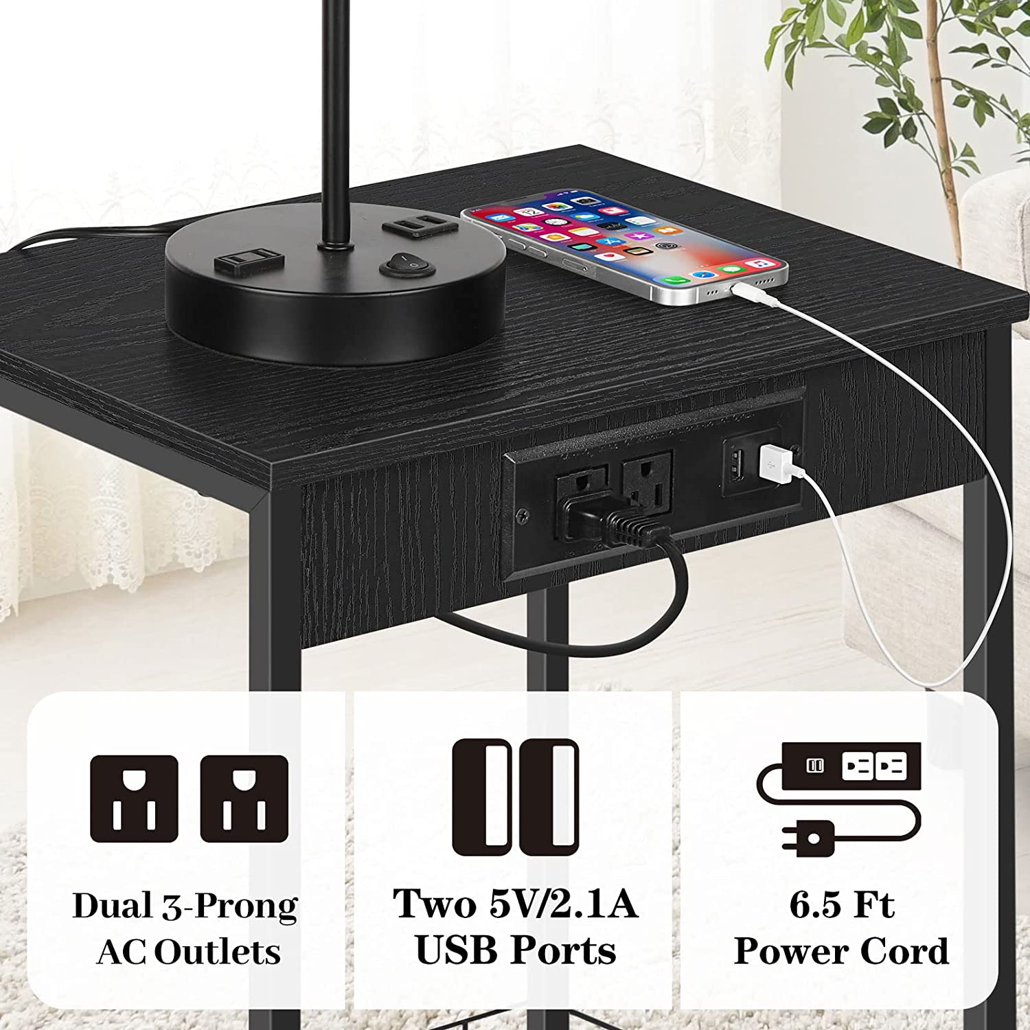 YELROL Black Nightstand Set of 2 Small Bed Side Table Night Stand with USB Ports and Power Outlets Bedroom Narrow End Table with Charging Station and Storage Basket for Small Spaces  Livi