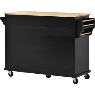 Black Kitchen Island on 5-Wheels with Storage and 5-draws Rubber Wood Desktop VJ1208KIsland12