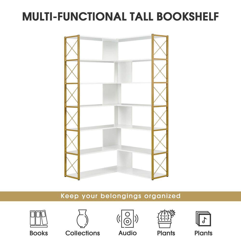 Angel Sar 37.40 in. Wide Golden and White Wood 7-Tier L-Shaped Bookcase Corner Bookcase with Metal Frame AD000273