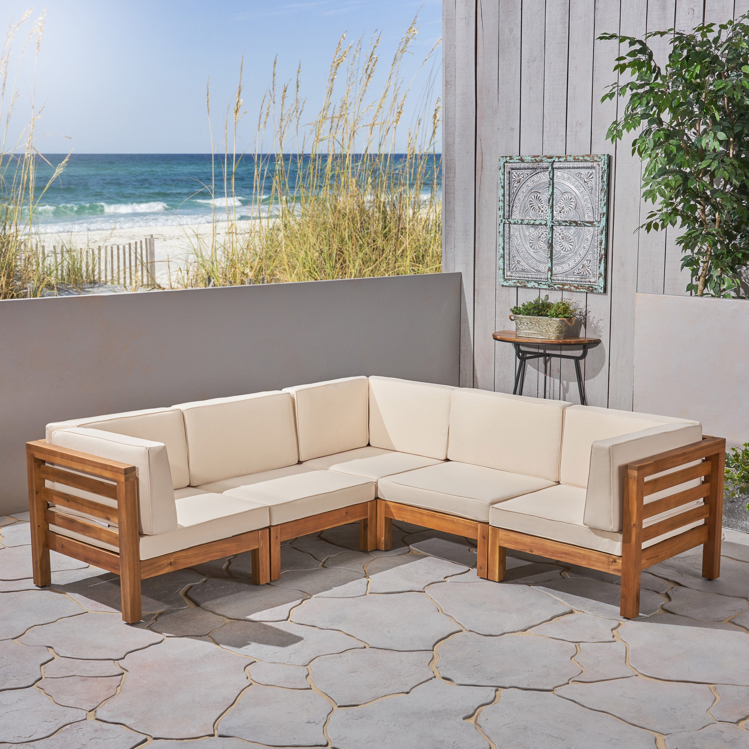 Dawson Outdoor V-Shaped Sectional Sofa Set - 5-Seater - Acacia Wood - Outdoor Cushions