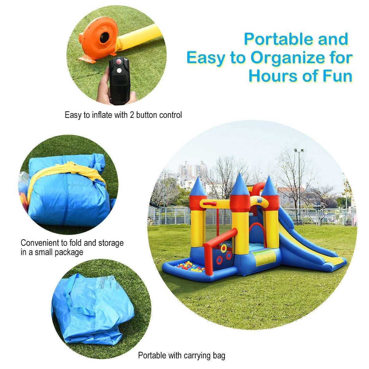 BOUNTECH 6-in-1 Castle Bouncer w/ Long Slide include 780W Air Blower