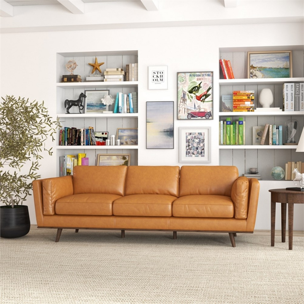 Sienna Mid Century Cushion Back Genuine Leather Upholstered Sofa in Tan   Midcentury   Sofas   by Homesquare  Houzz