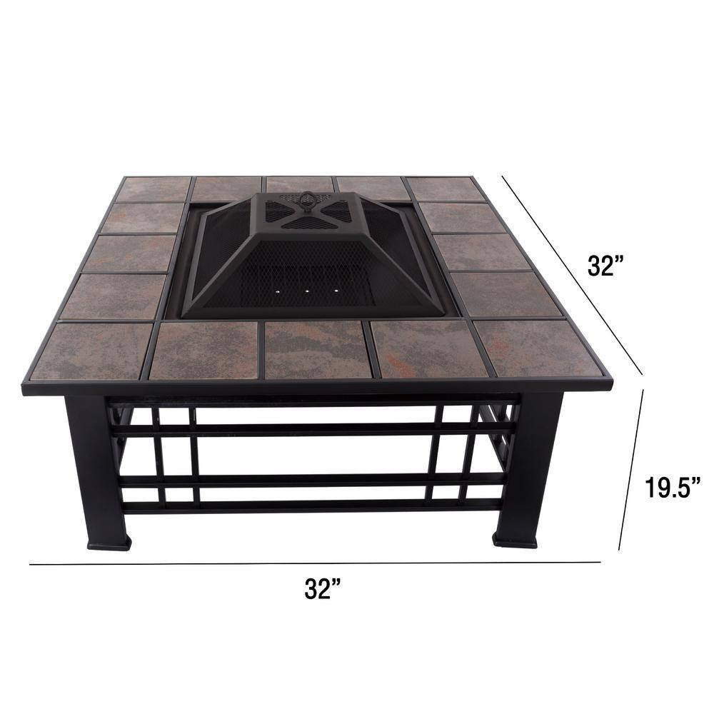 Pure Garden 32 in. Steel Square Tile Fire Pit with Spark Screen and Poker M150121