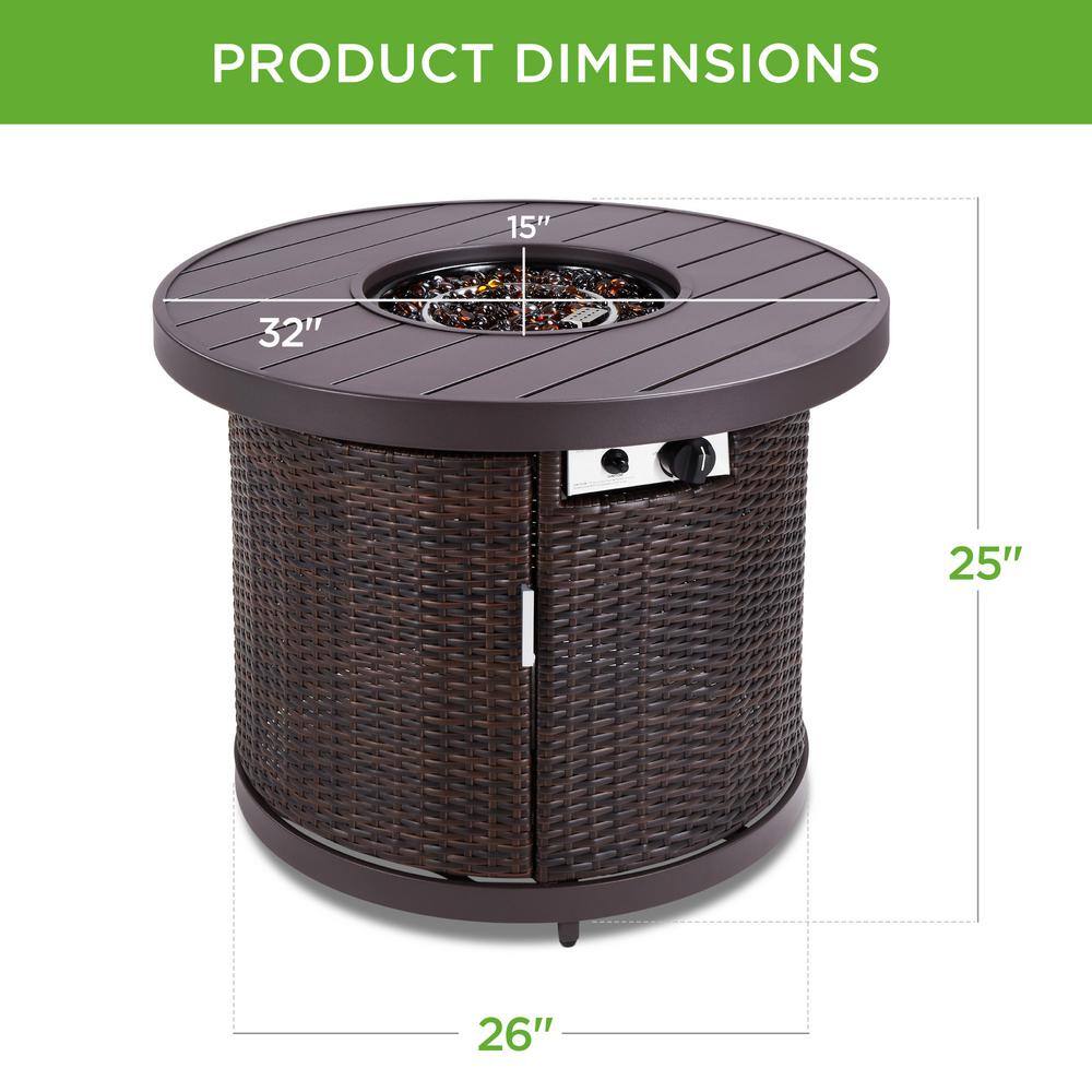 Best Choice Products 32in Round Wicker Fire Pit Table 50000 BTU Outdoor Patio Propane Gas Firepit wCover - Brown SKY6217