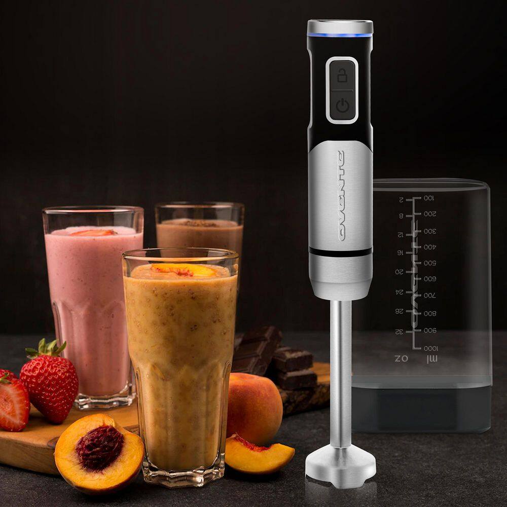 OVENTE Immersion Blender Black Stainless Steel Blades 200-Watt Cordless Rechargeable Hand Blender 8-Speed Settings HR981B