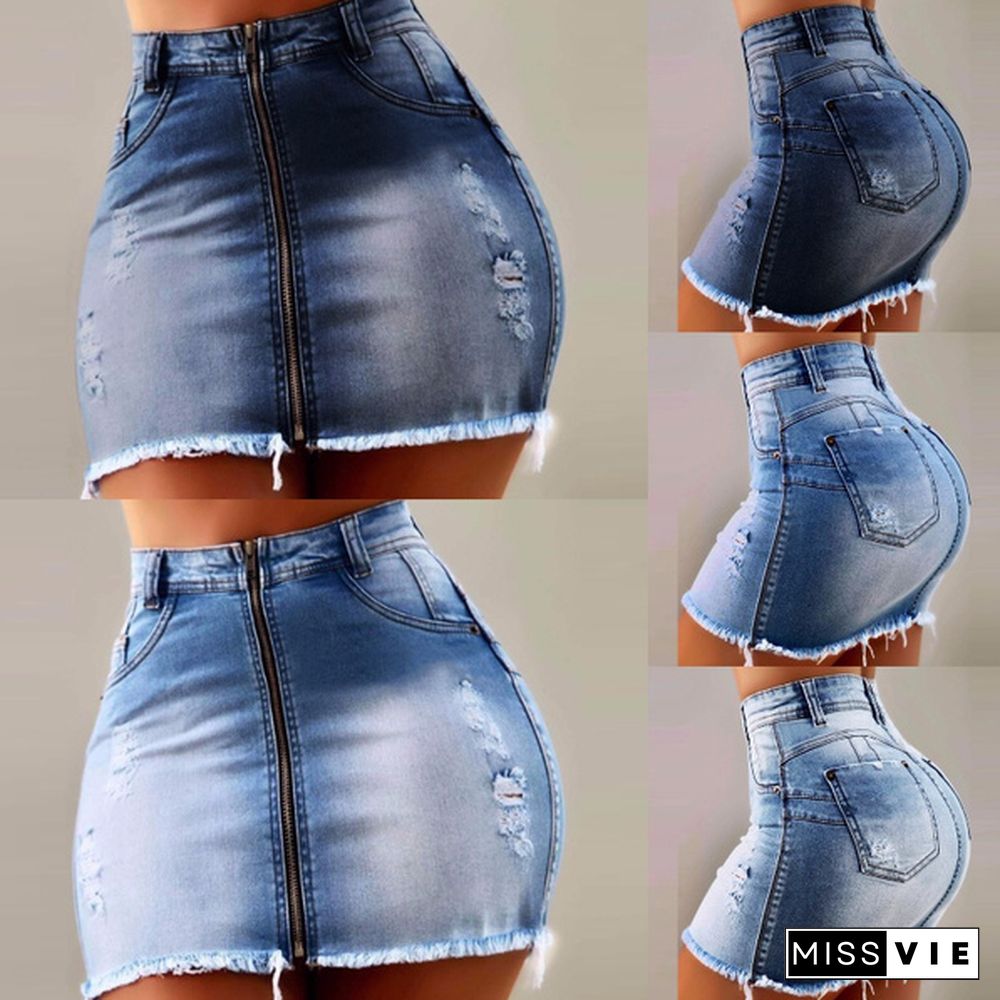 New Women's Fashion High Waist Zipper Mini Hip Jean Skirt Summer Hot Ripped Hole Denim Short Skirt Pant