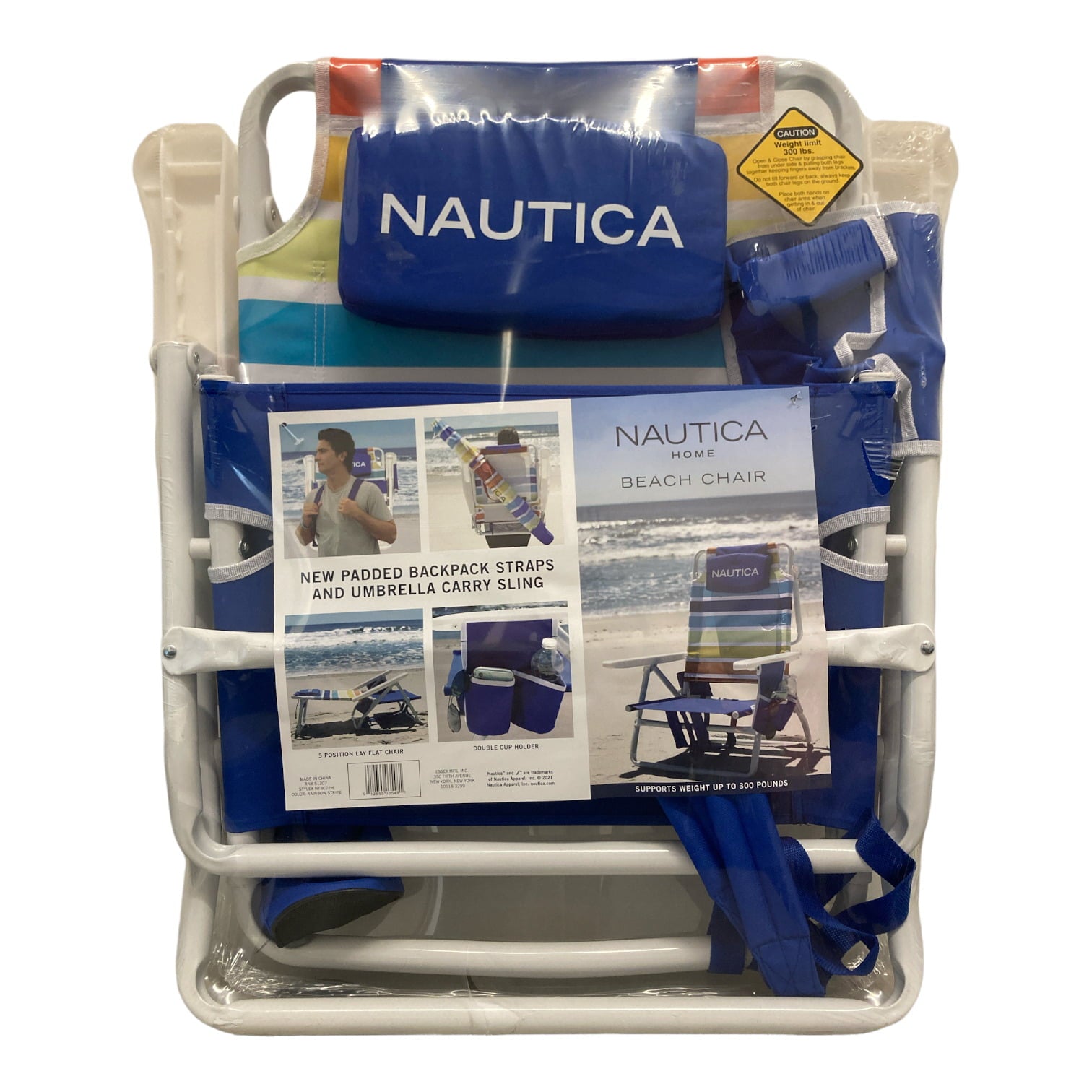 Nautica Portable Beach Chair， Double Cup Holder， Padded Straps (Rainbow Stripe)