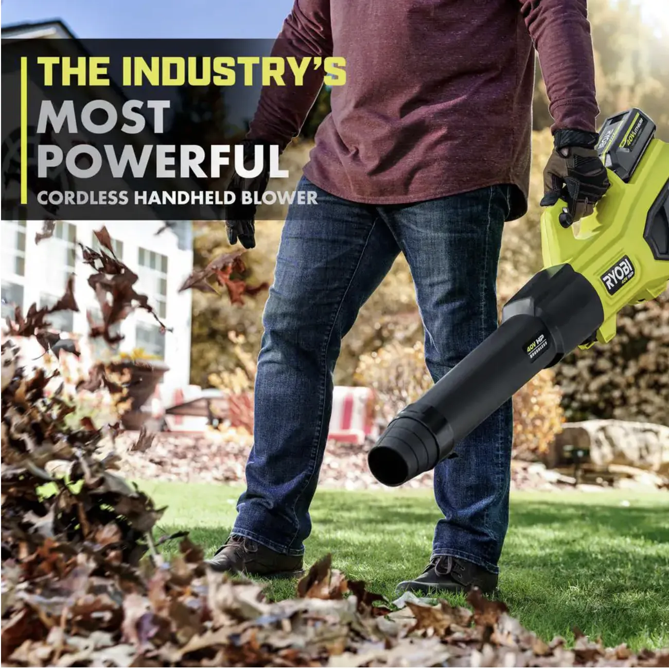 Ryobi 40V HP Brushless Whisper Series 190 MPH 730 CFM Cordless Battery Jet Fan Leaf Blower with (2) 4.0 Ah Batteries and Charger