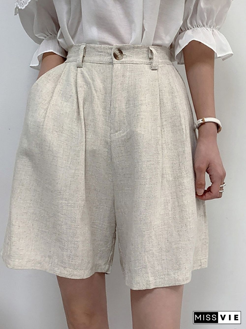 Women Solid Pocket Casual Loose Wide Leg Shorts