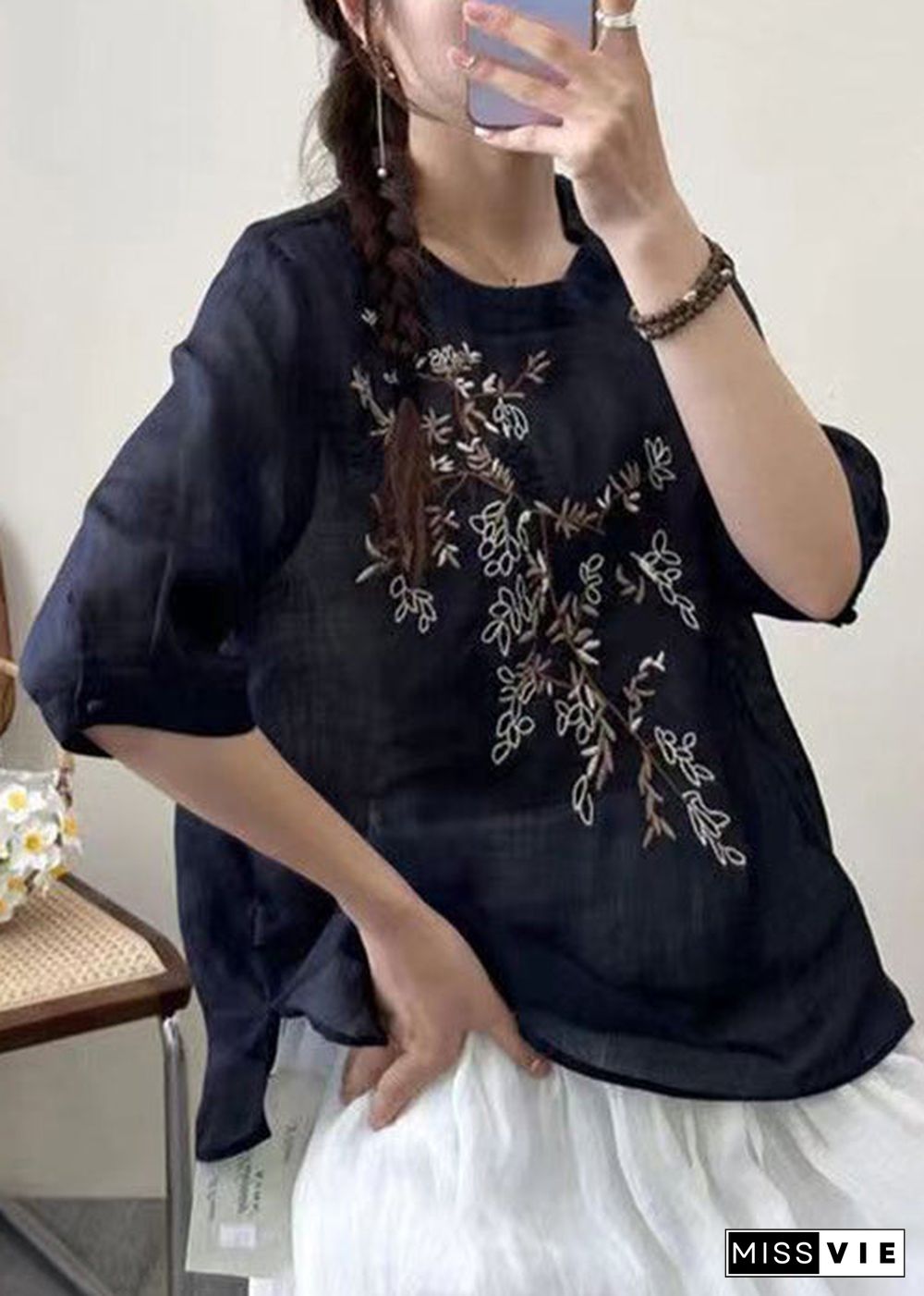 New Black O-Neck Embroideried Patchwork Cotton T Shirt Half Sleeve