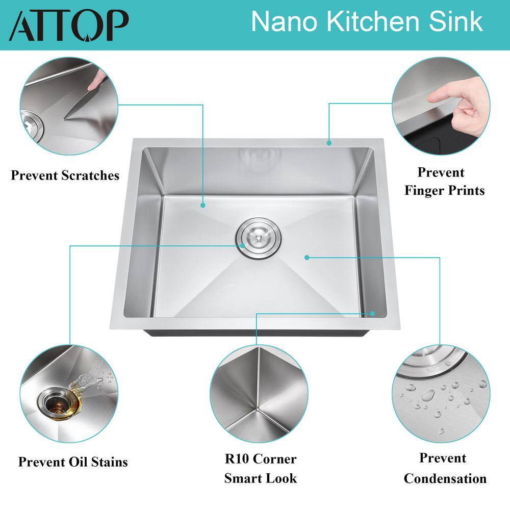 Attop Brushed 20-Gauge Stainless Steel 30 in. Single Bowl Undermount Scratch-Resistant Nano Kitchen Sink with Strainer NA301809R10-SL