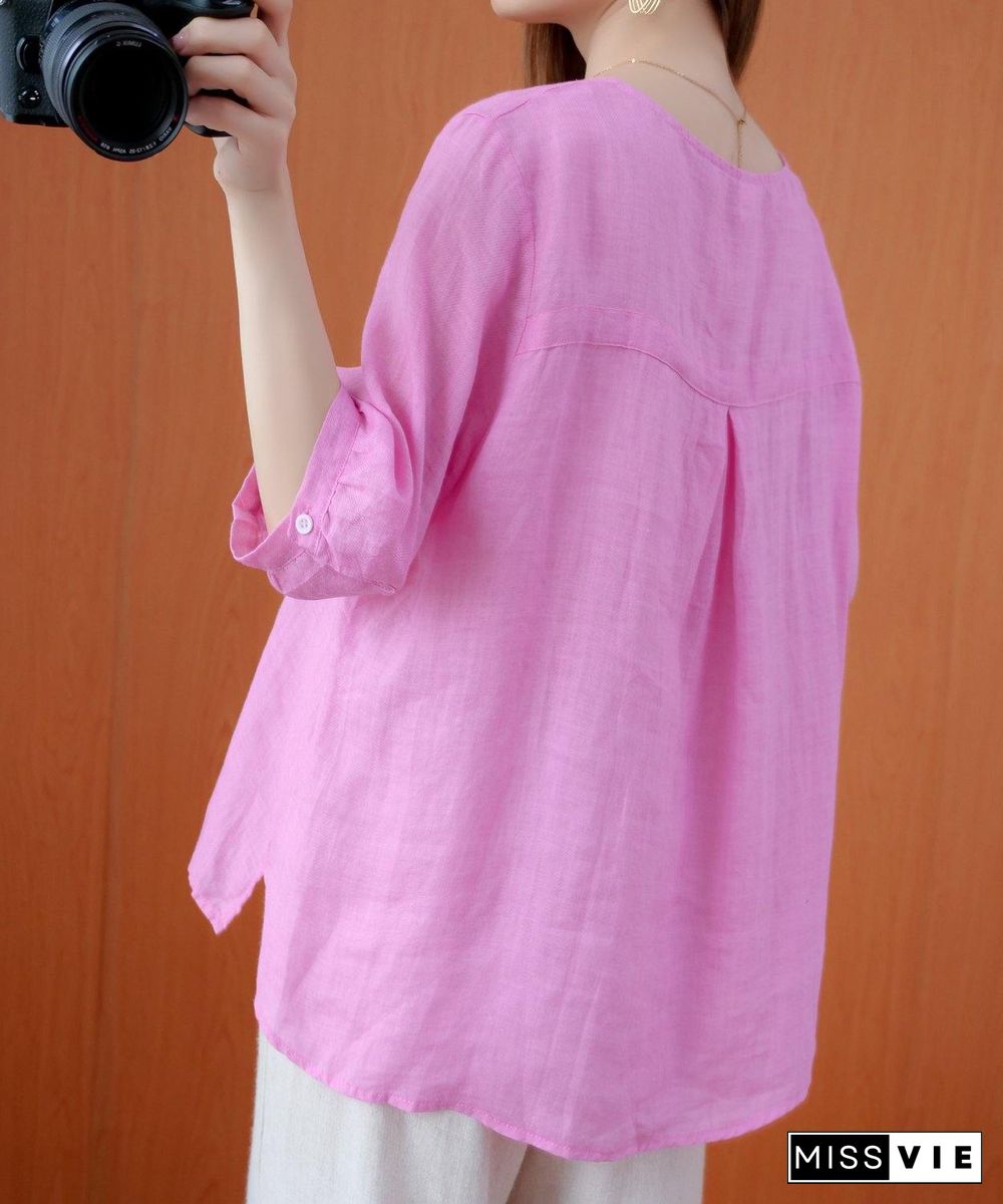 Women pink shirts v neck embroidery oversized summer shirts