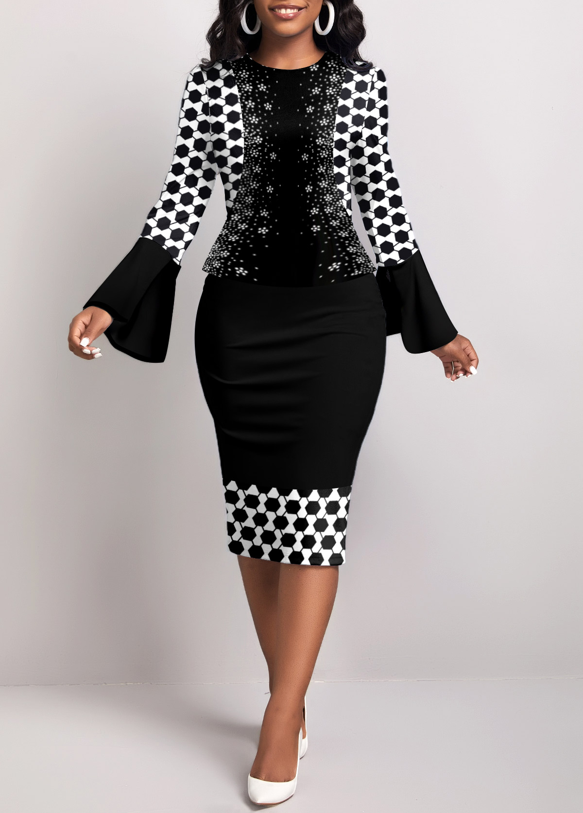 Geometric Print Fake 2in1 Black Bodycon Dress