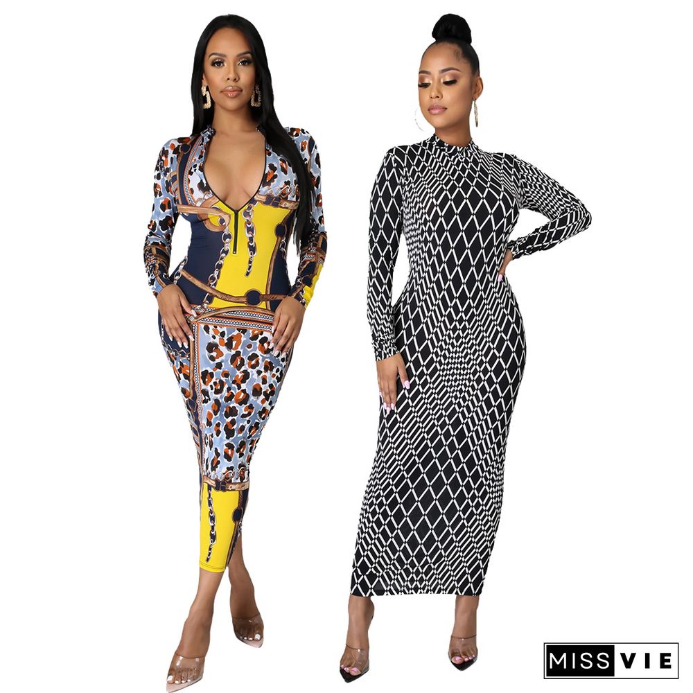 Autumn Fashion Women Printed Long Sleeve Round Neck Zipper Bodycon Sexy Club Party Maxi Dress