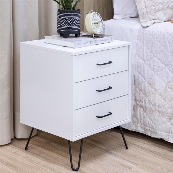 Side Table with 3 Drawers and Metal Hairpin Legs - 23.62 H x 17.56 W x 16.65 L Inches