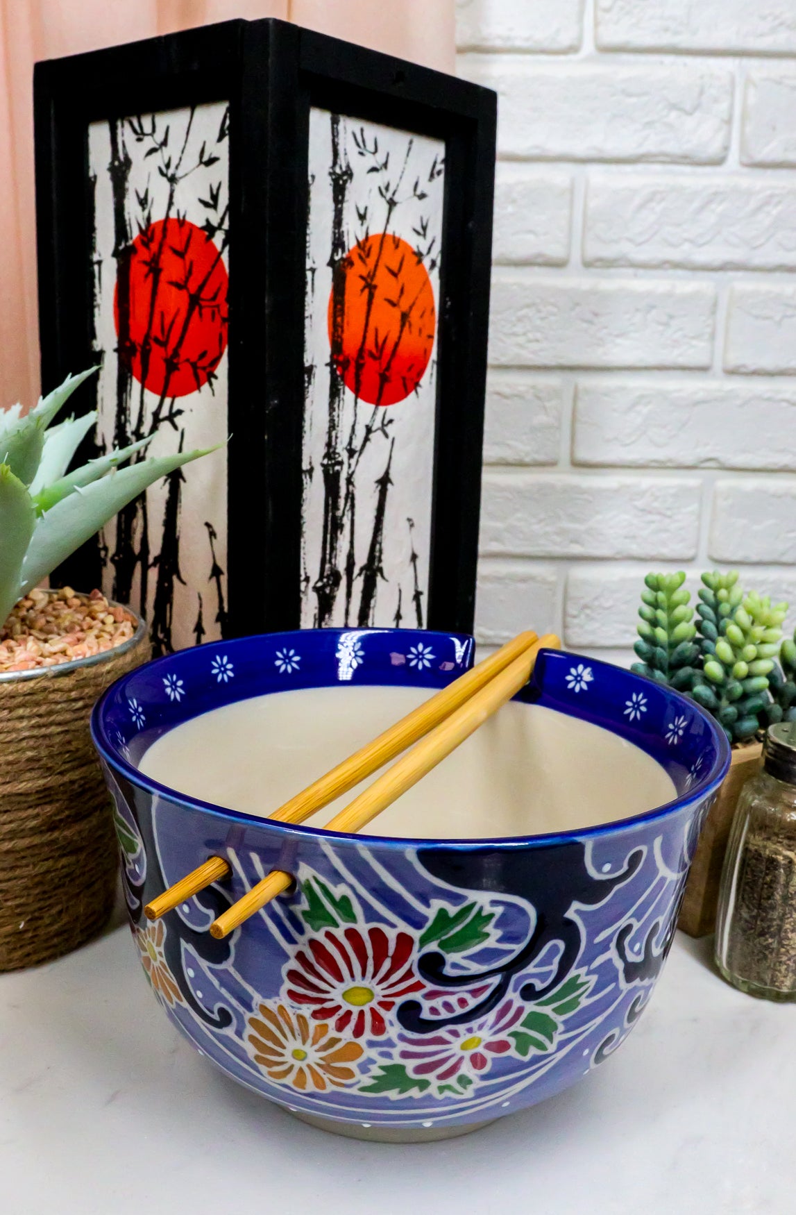 Blue Floral Breeze Ramen Noodles Large 6.25D Pho Soup Bowl With Chopsticks Set