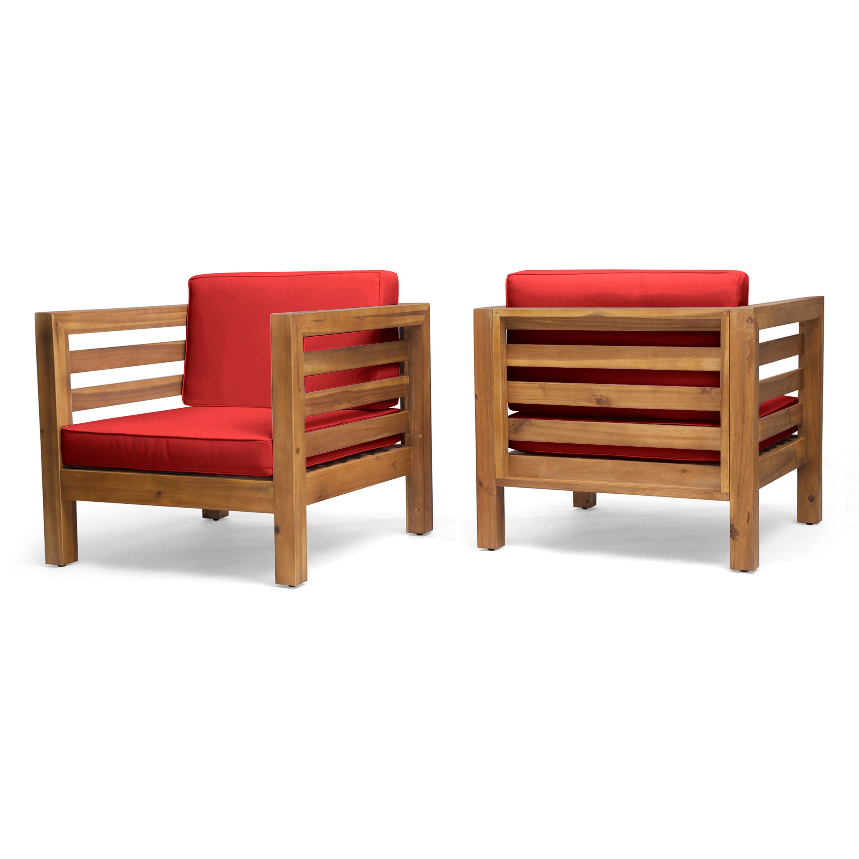 Louise Outdoor Acacia Wood Club Chairs with Cushions (Set of 2)