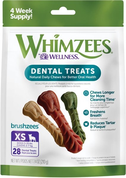 WHIMZEES Brushzees Daily Grain-Free X-Small Dental Dog Treats， 28 count