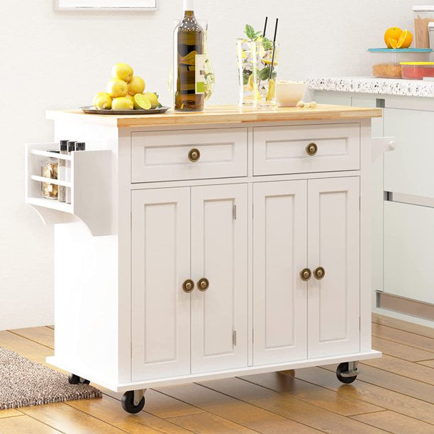 SogesPower Wood Kitchen Island Cart with Drawer， Spice Rack， Towel Bar， Butcher Block Top， Rolling Storage Cabinet Trolley White