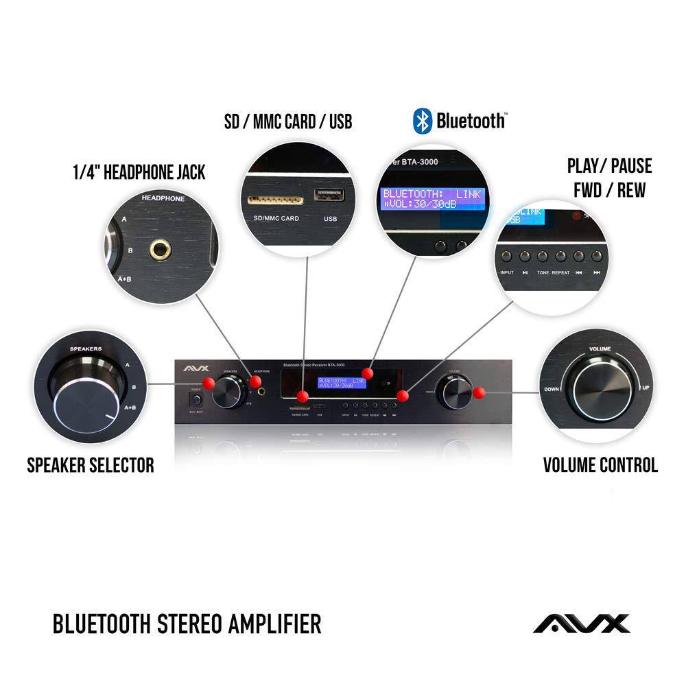 AVX Audio Bluetooth Stereo Amplifier-Receiver With Phono Input and FM Tuner BTA-3000