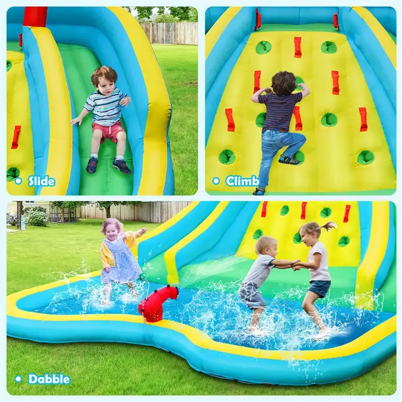 Outdoor Double Side Inflatable Water Slide Park with Large Climbing Wall & 750W Air Blower