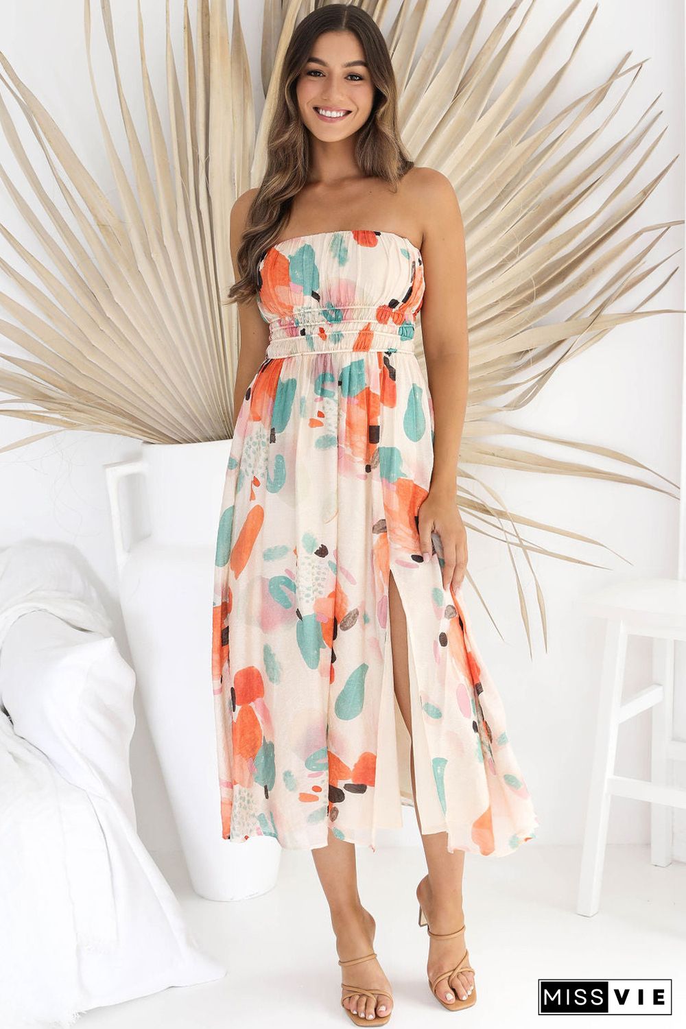 Khaki Strapless Shirred Abstract Print Split Long Dress