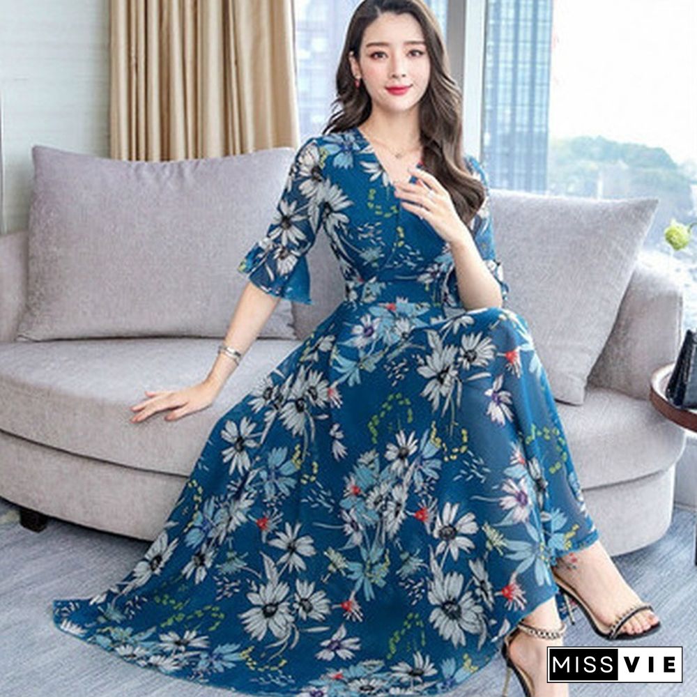 Fashion Floral Print Slim A-Line Dress Elegant Ladies Long Dress Women V-Neck Short Sleeve Chiffon Party Dresses