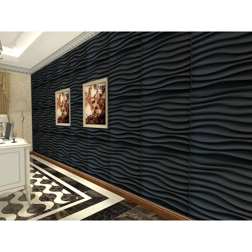 Art3dwallpanels Wave 19.7 in. x 19.7 in. Black PVC 3D Decorative Wall Panels for BathroomBedroom (12-pack) A10040BK