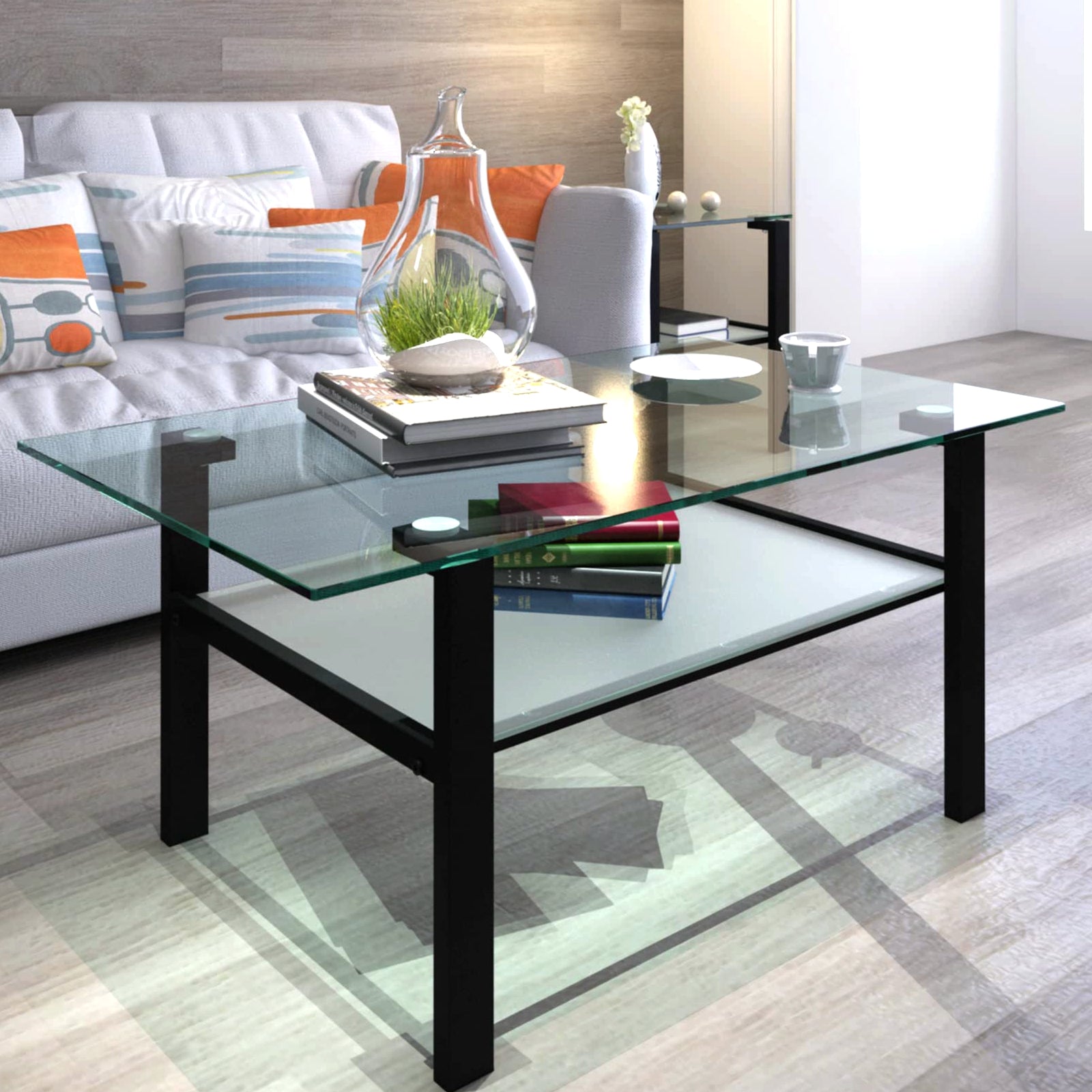 LAUSATEK 2-Tier Glass Coffee Table Modern Center Coffee Table with Tempered Glass Tabletop and Metal Legs for Living Room Home, Max Load 220Lbs